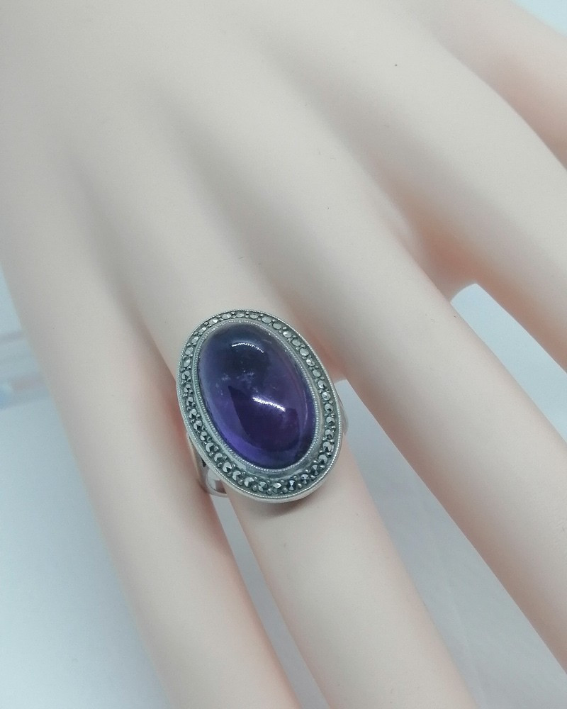 Silver Ring, Large Natural Amethyst Cabochon And Marcasite Surround, 1925, Art Deco.-photo-4