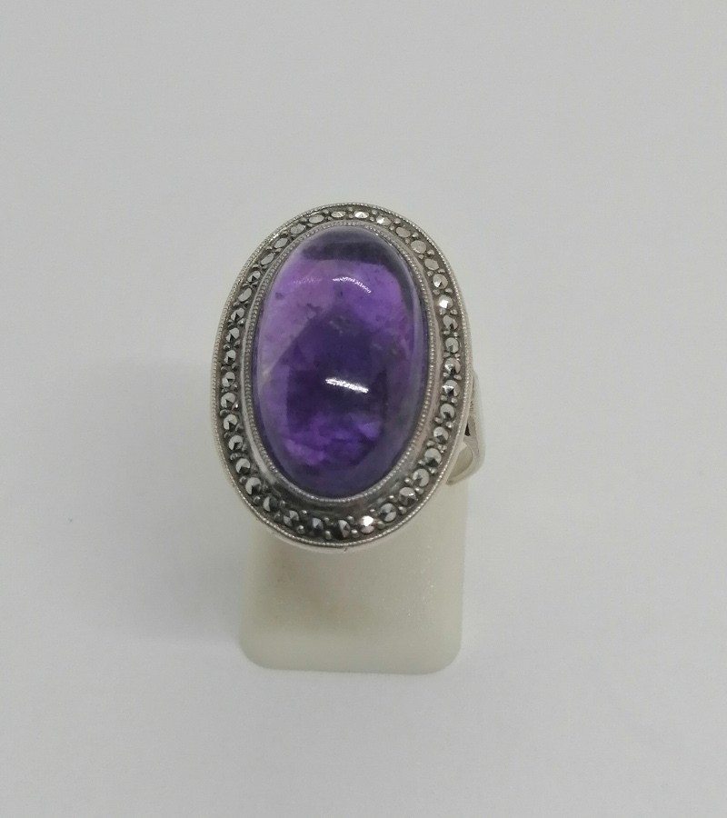 Silver Ring, Large Natural Amethyst Cabochon And Marcasite Surround, 1925, Art Deco.