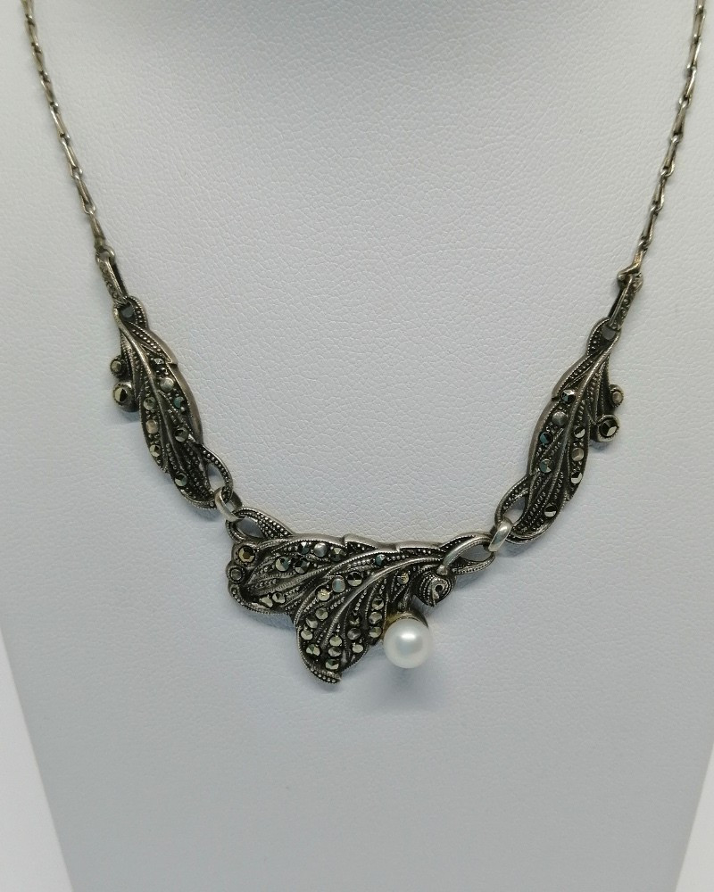 Silver Necklace, With Foliate Motifs, Marcasite Pavé And Cultured Pearl, 1930-40.-photo-2