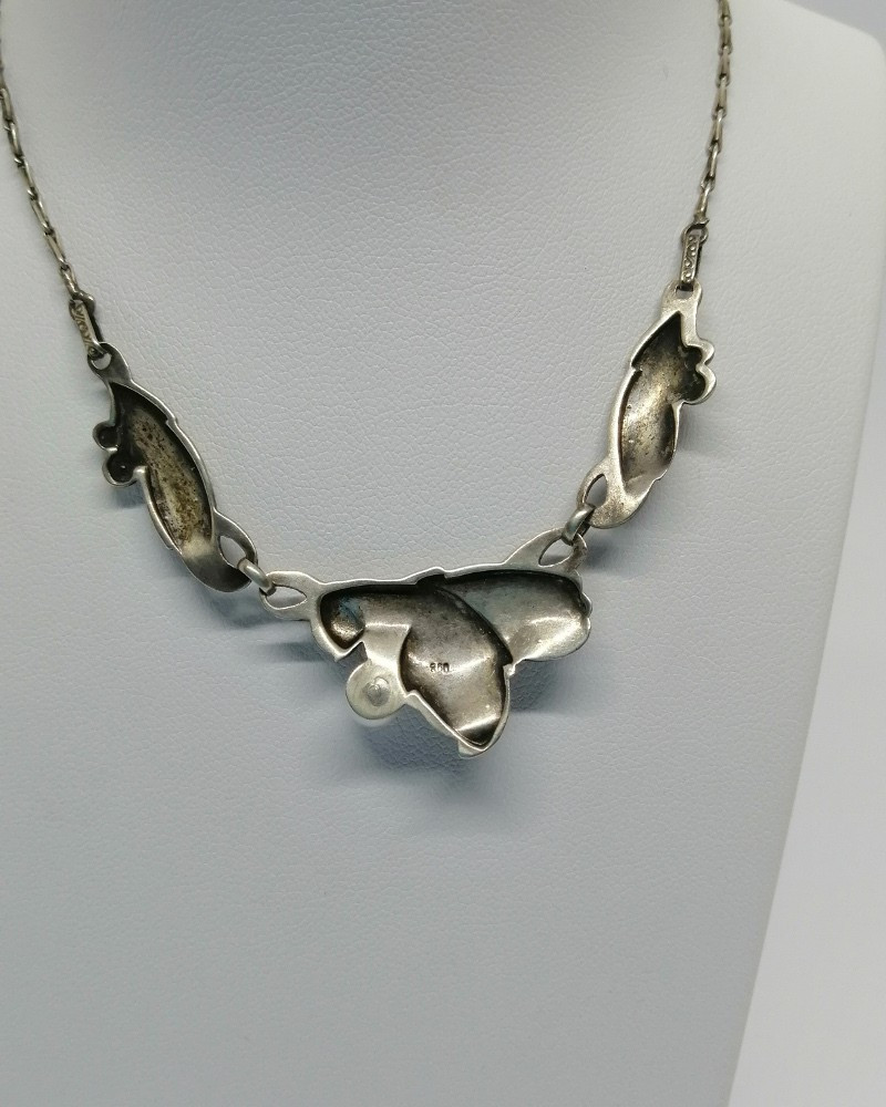 Silver Necklace, With Foliate Motifs, Marcasite Pavé And Cultured Pearl, 1930-40.-photo-3