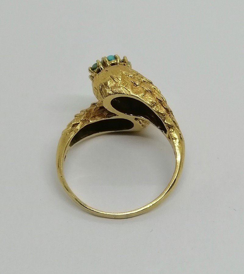 Bague or jaune, façon cornes d'abondances et sertie de turquoises, vers 1930-40.-photo-3