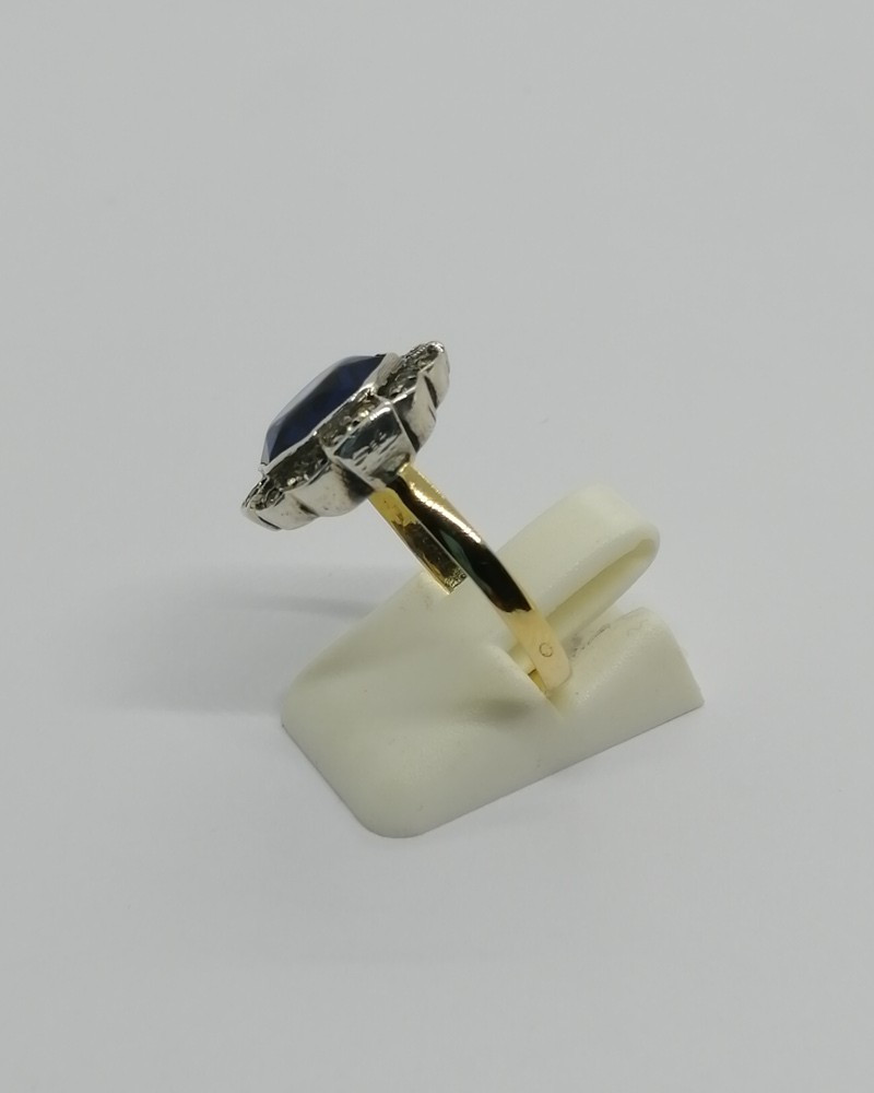 Bague or/argent, avec cabochon facetté en verre bleu, et pierre blanche, Art Déco vers 1925.-photo-2