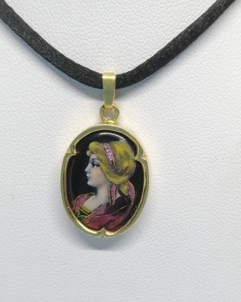 Pendentif or jaune, émail sur cuivre, portrait femme au ruban rose, Limoges signé, vers 1930-40-photo-2