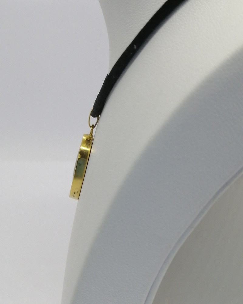 Pendentif or jaune, émail sur cuivre, portrait femme au ruban rose, Limoges signé, vers 1930-40-photo-3