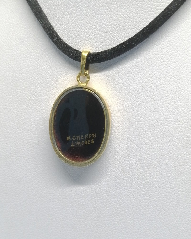 Pendentif or jaune, émail sur cuivre, portrait femme au ruban rose, Limoges signé, vers 1930-40-photo-4