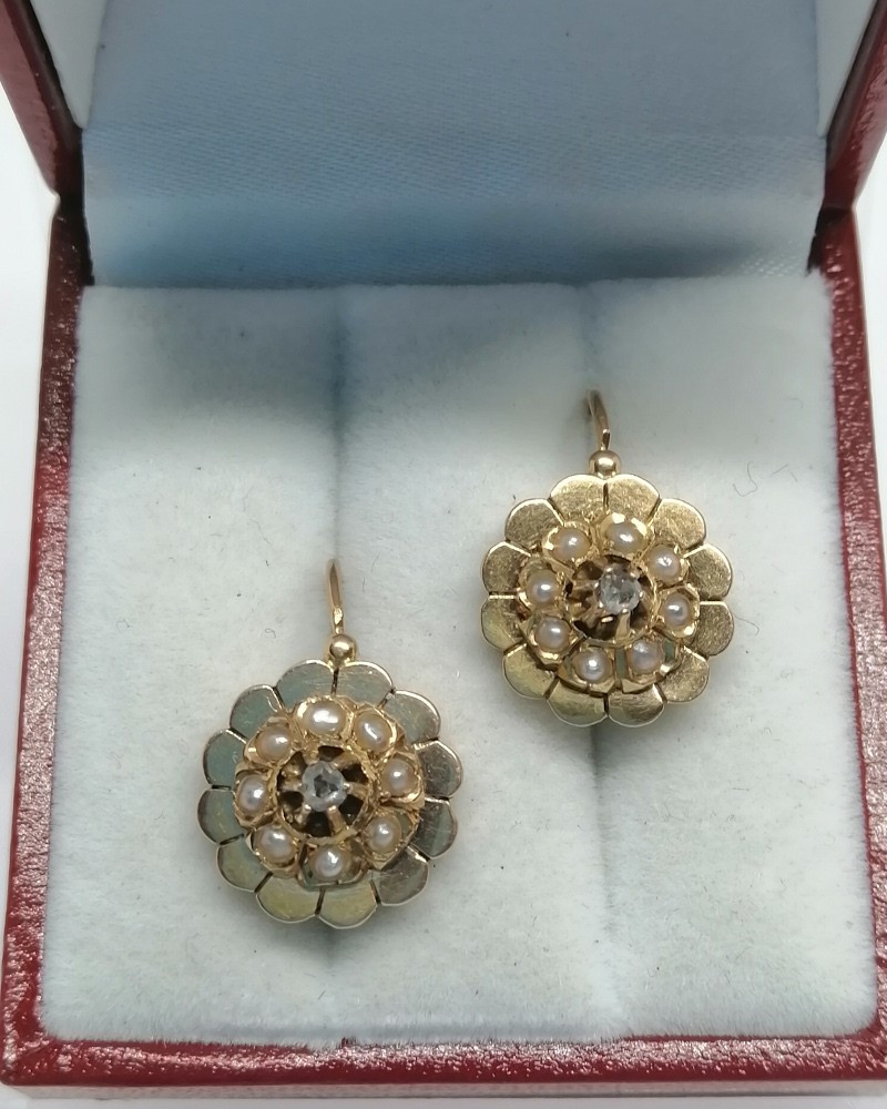 Rose Gold Earrings, With Fine Half-pearls And Diamond Rose, 1870-1880.-photo-2