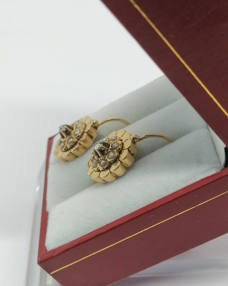 Rose Gold Earrings, With Fine Half-pearls And Diamond Rose, 1870-1880.-photo-3