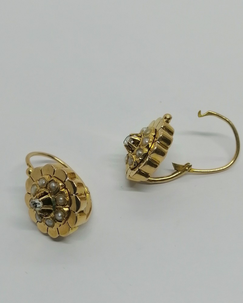 Rose Gold Earrings, With Fine Half-pearls And Diamond Rose, 1870-1880.-photo-4