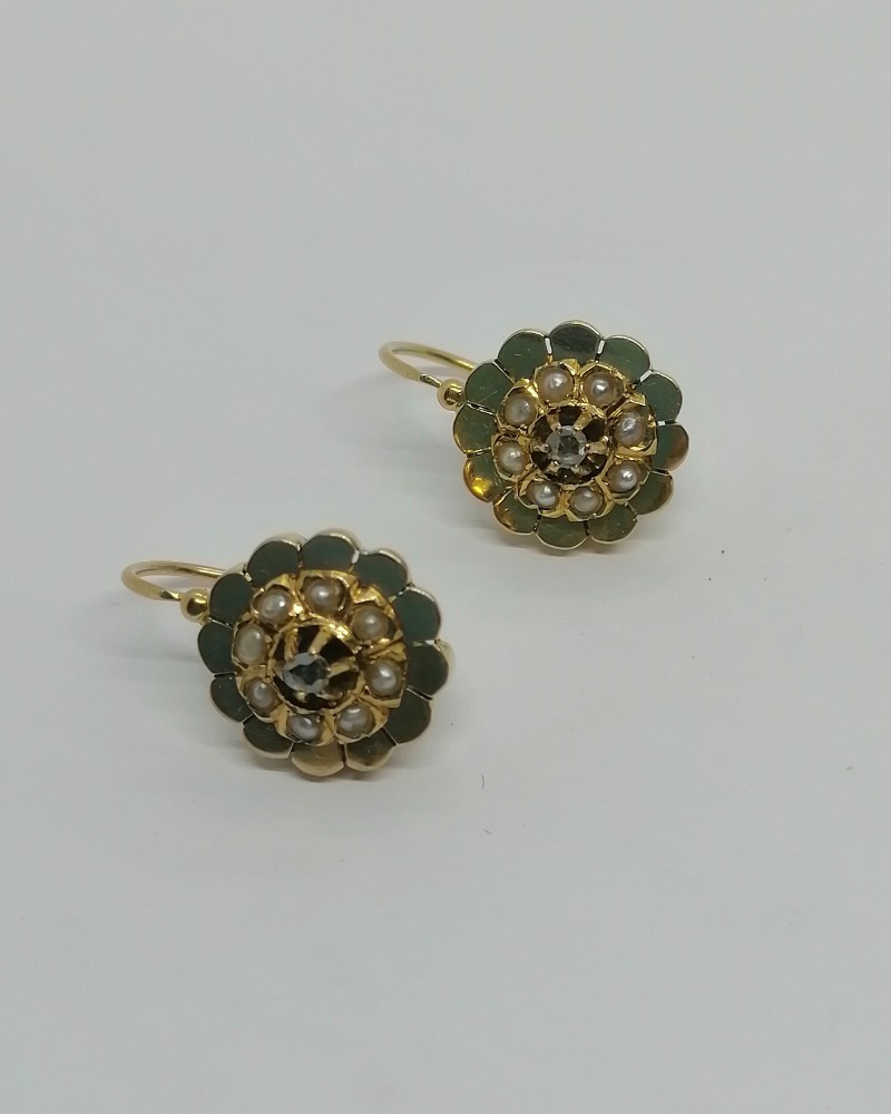 Rose Gold Earrings, With Fine Half-pearls And Diamond Rose, 1870-1880.