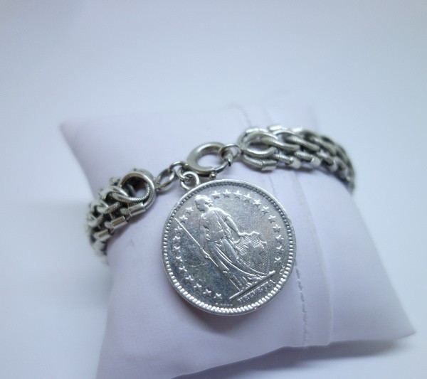 Solid Silver Bracelet, Hollow Link With Swiss Medal Charm, 1900-30.-photo-2