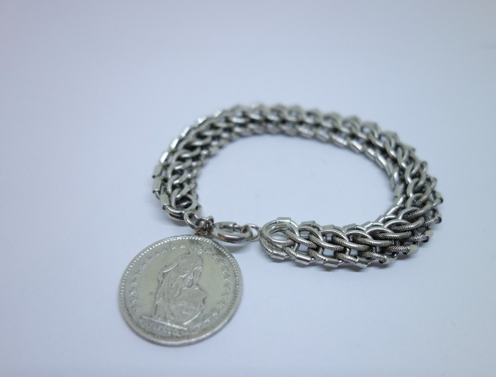 Solid Silver Bracelet, Hollow Link With Swiss Medal Charm, 1900-30.-photo-3