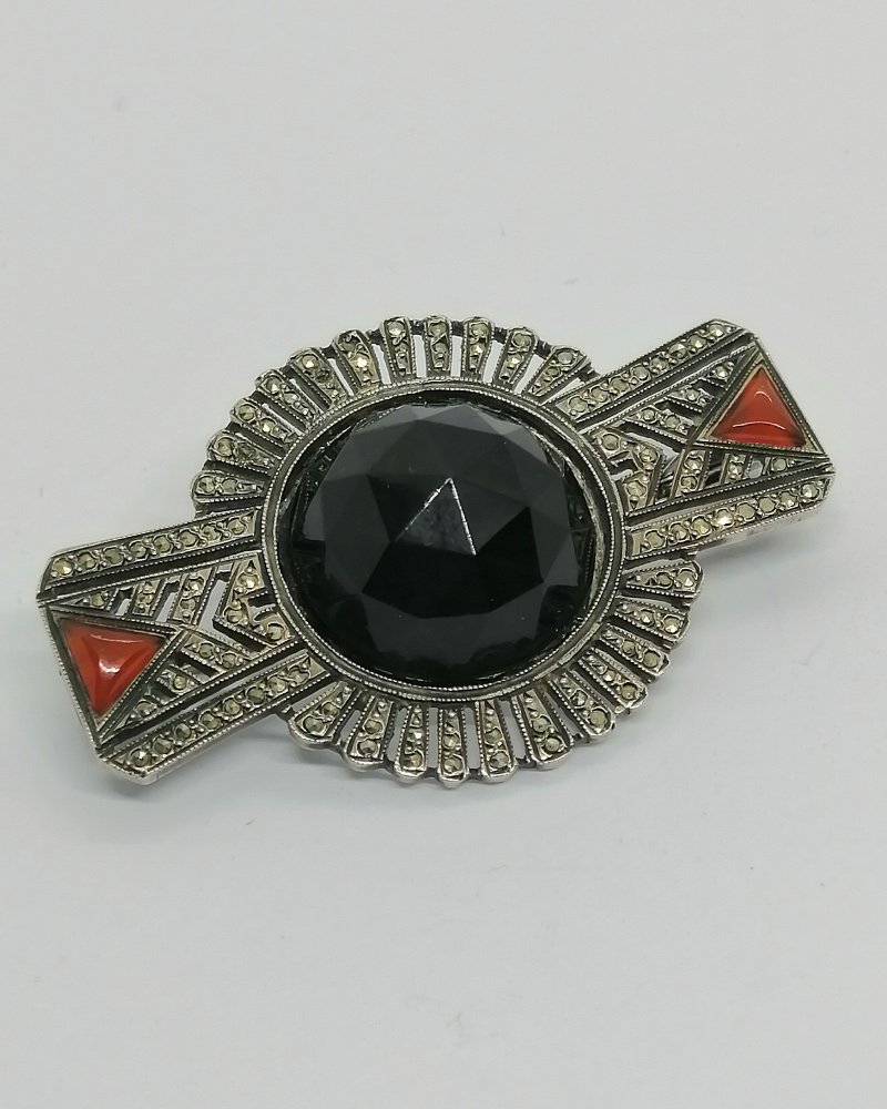 Silver Brooch, Geometric Shape, Openwork, Faceted Glass Cabochon, Marcasite, 1930, Art Deco.-photo-2