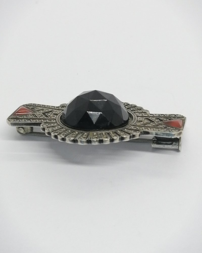 Silver Brooch, Geometric Shape, Openwork, Faceted Glass Cabochon, Marcasite, 1930, Art Deco.-photo-3