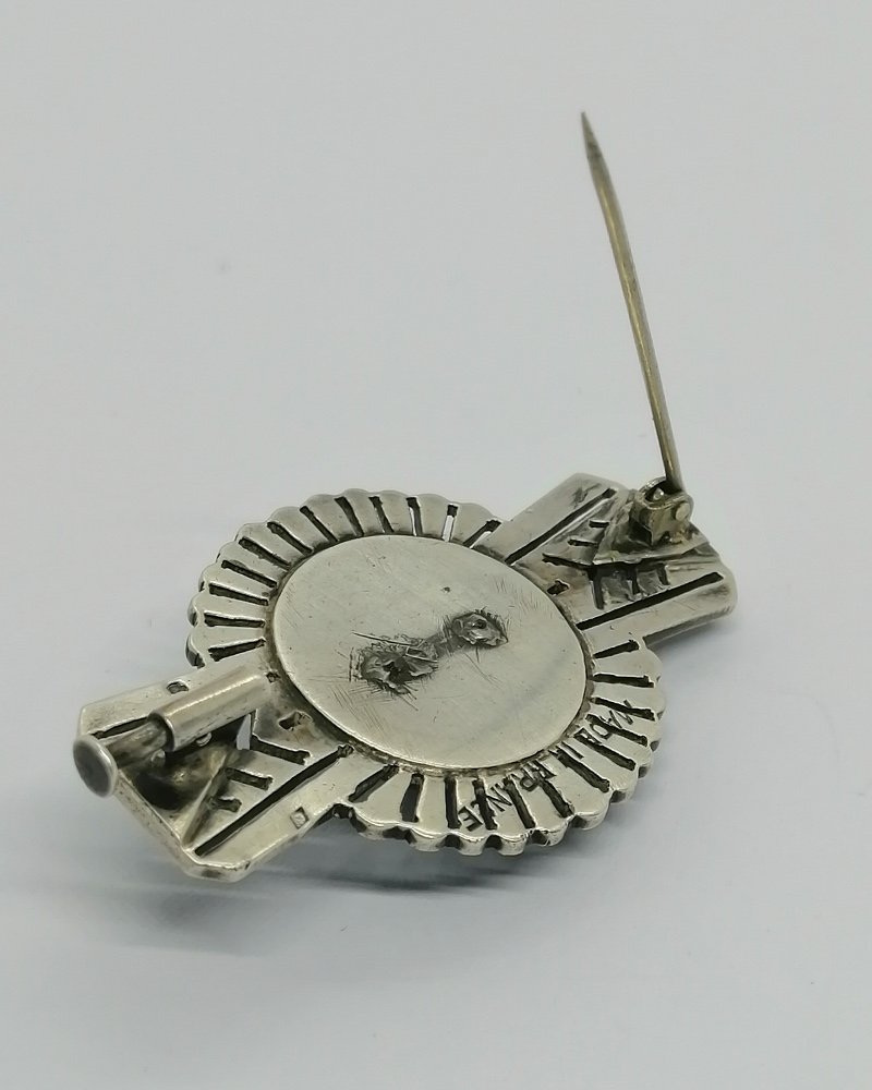 Silver Brooch, Geometric Shape, Openwork, Faceted Glass Cabochon, Marcasite, 1930, Art Deco.-photo-4