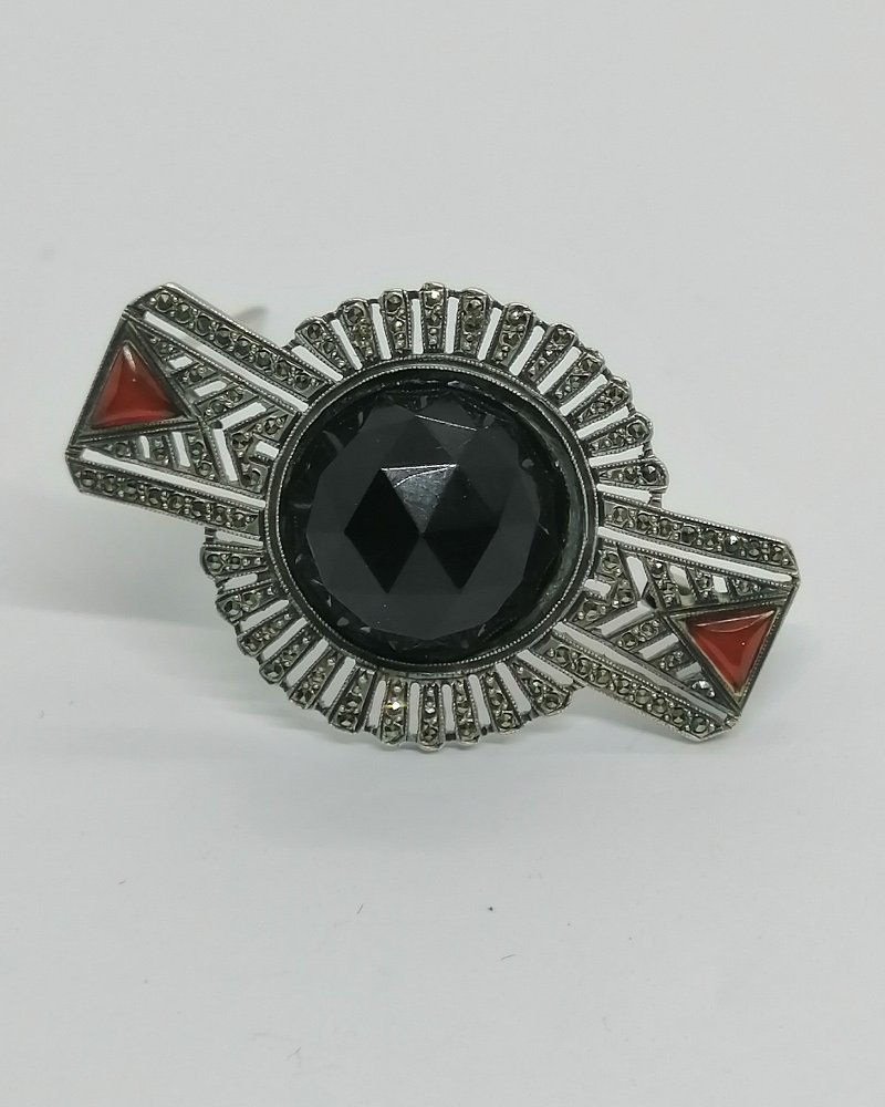 Silver Brooch, Geometric Shape, Openwork, Faceted Glass Cabochon, Marcasite, 1930, Art Deco.