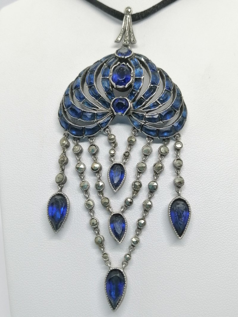Silver Pendant, Entirely Set With Blue Stones And Marcasite, Circa 1880.-photo-2