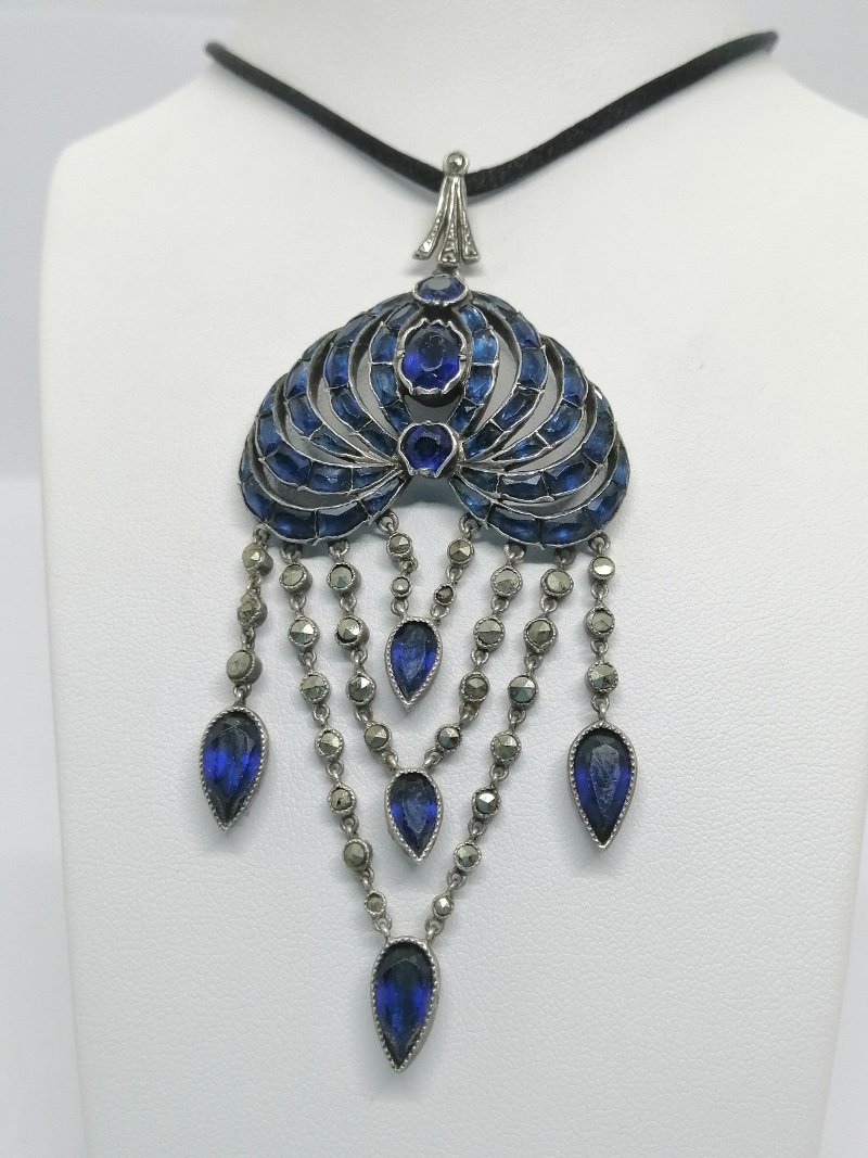 Silver Pendant, Entirely Set With Blue Stones And Marcasite, Circa 1880.