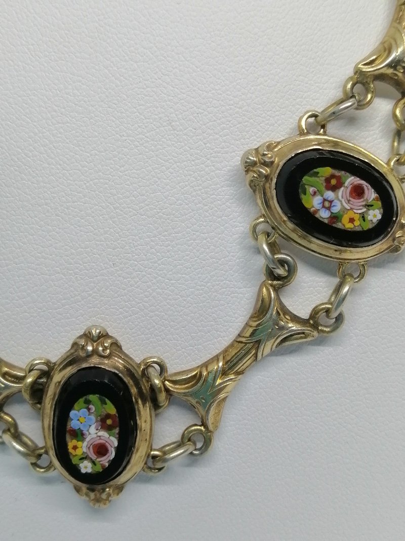 Collier en argent/vermeil, ras du cou, avec micro-mosaique, motifs floraux, époque Napoléon III-photo-2