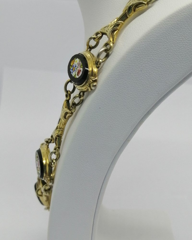 Collier en argent/vermeil, ras du cou, avec micro-mosaique, motifs floraux, époque Napoléon III-photo-3