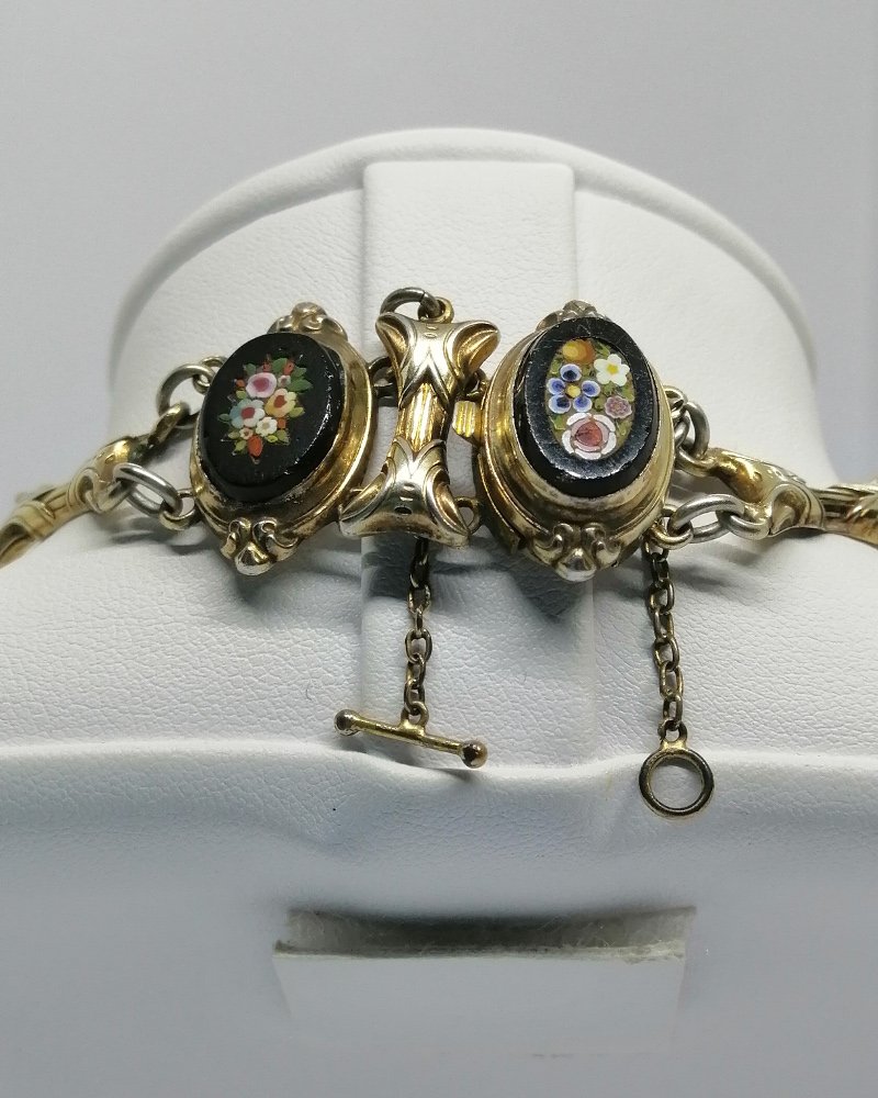 Collier en argent/vermeil, ras du cou, avec micro-mosaique, motifs floraux, époque Napoléon III-photo-4