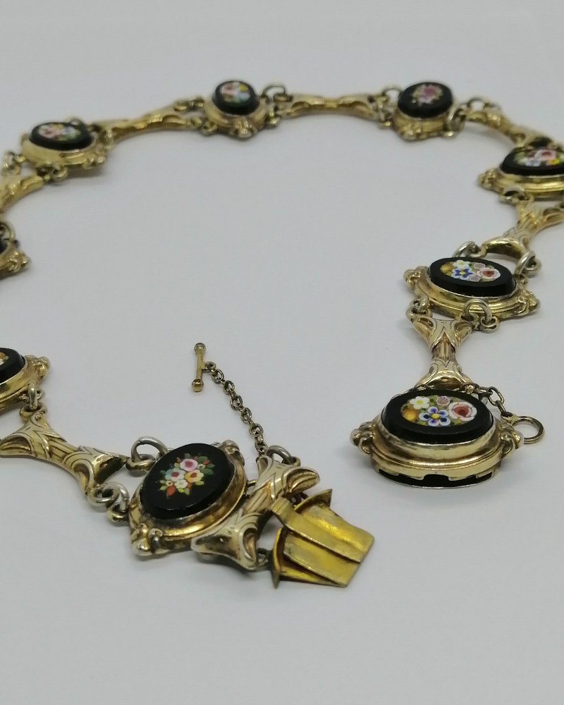 Collier en argent/vermeil, ras du cou, avec micro-mosaique, motifs floraux, époque Napoléon III-photo-1