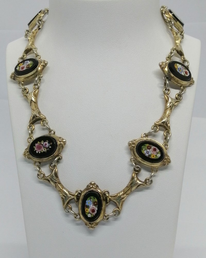 Collier en argent/vermeil, ras du cou, avec micro-mosaique, motifs floraux, époque Napoléon III