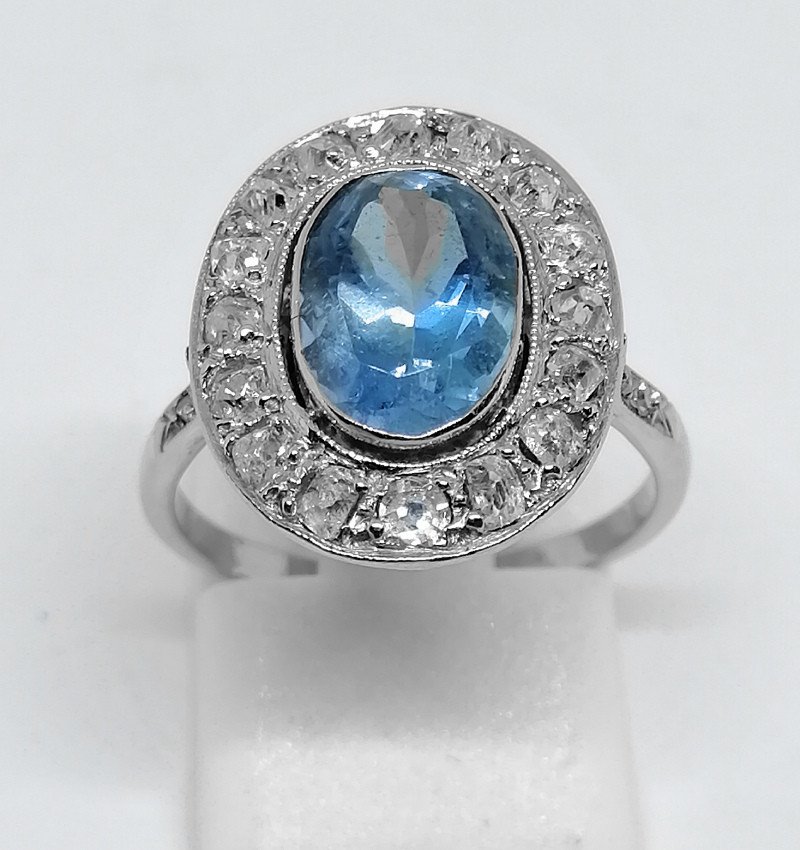 Gold And Platinum Ring With Aquamarine And Diamonds.