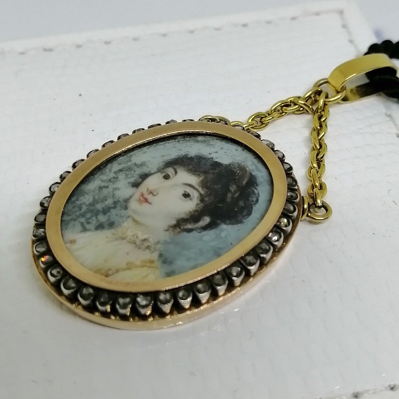 Pendentif En Or, jaune et rose,  Miniature Peinte, et entourage de roses diamants, vers 1860-80-photo-2