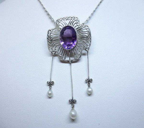 Rare Bijou, Broche Ou Pendentif Argent Améthyste Et Grosses Perles Fines