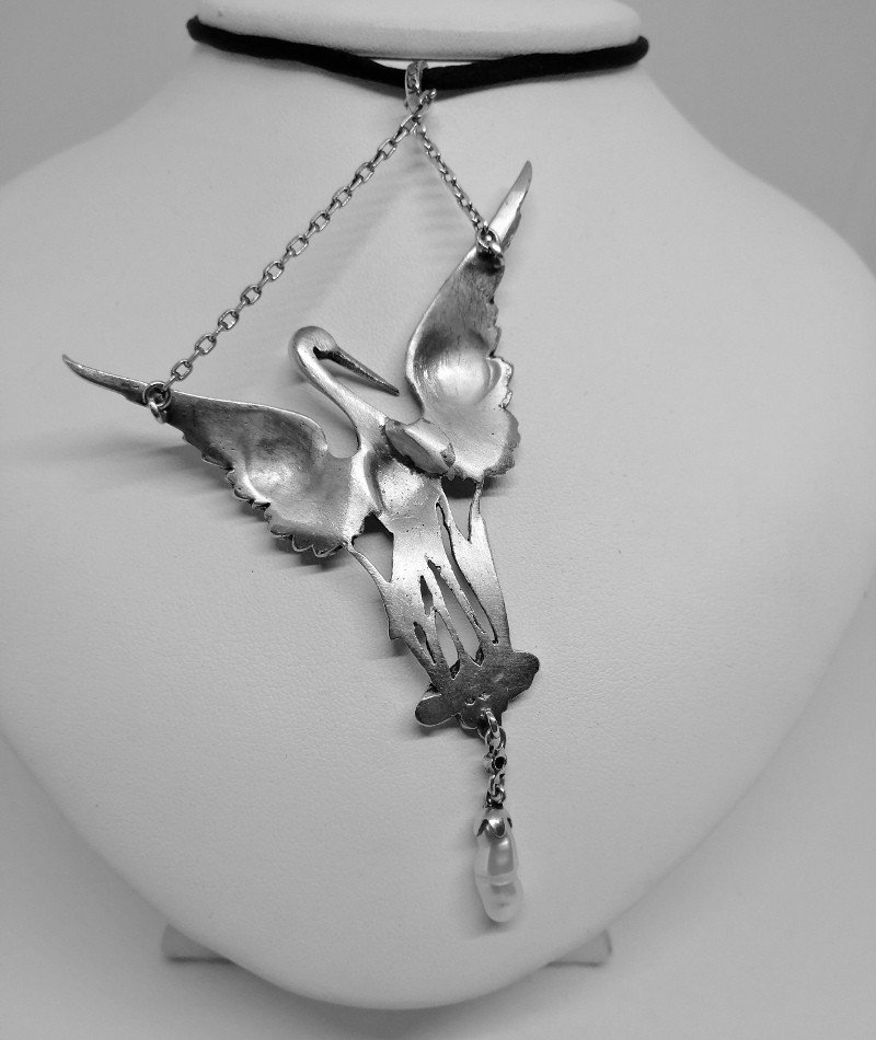 Stork Pendant In Silver, Art Nouveau.-photo-2