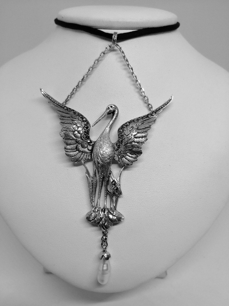 Pendentif Cigogne En Argent, Art Nouveau.