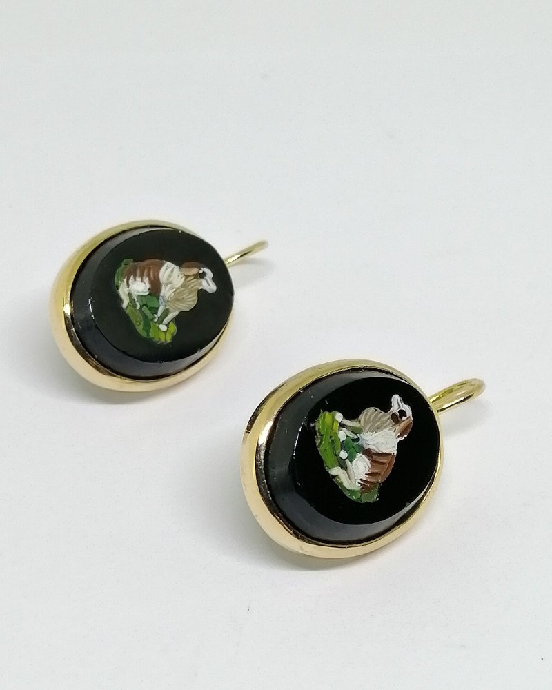 Pair Of Gold Earrings, Dangling With Micro-mosaic, Representing Dogs.