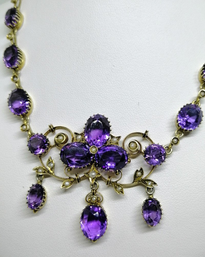 Collier Argent, Vermeil, Avec Sertie Griffes d'Améthystes Et Demi-perles Fines.-photo-3