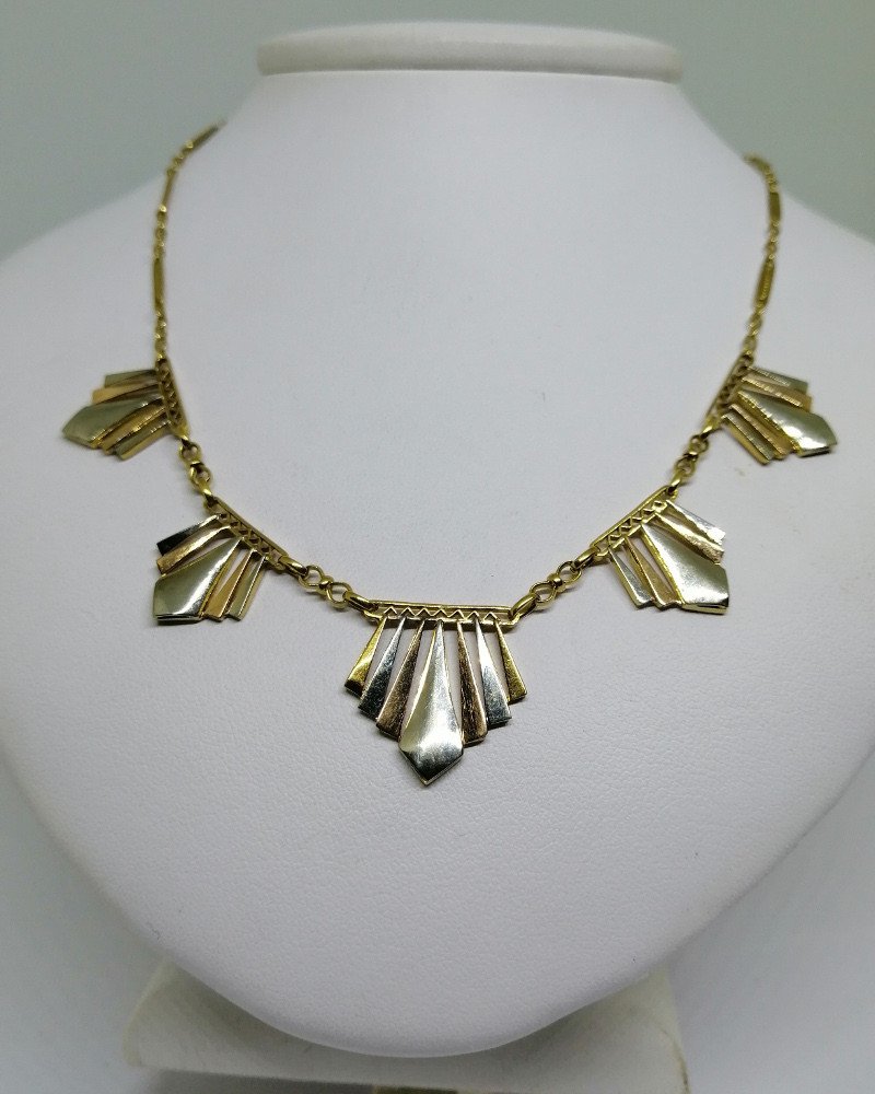 Necklace In Gold Three Colors, Geometric Shapes, Art Deco.