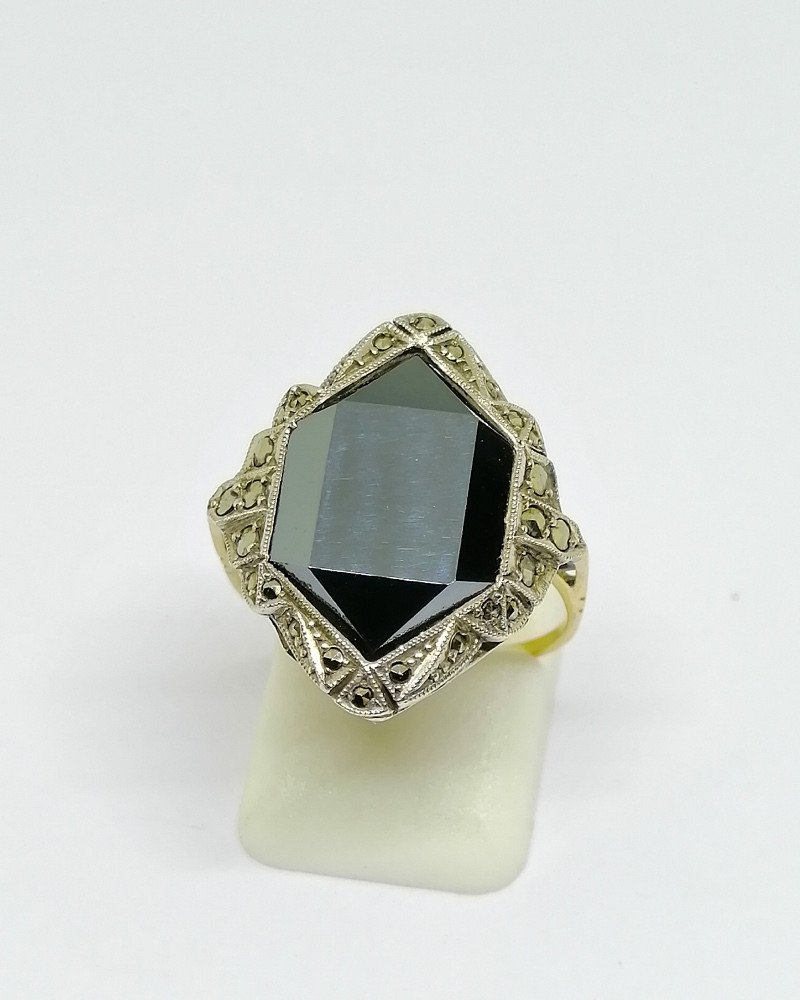Silver / Gold Ring, With Geometric Hematite, Marcasites, Art Deco.