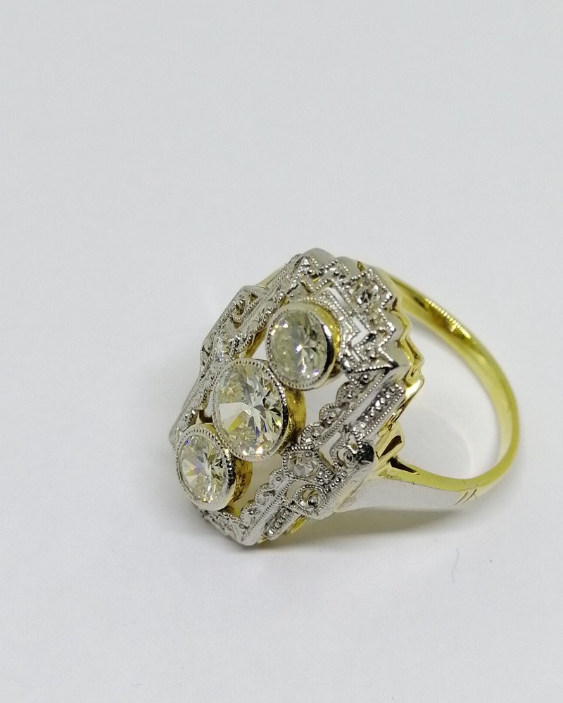 Ring In Gold And Platinum, Geometric Shape With Diamonds, Art Deco.-photo-2