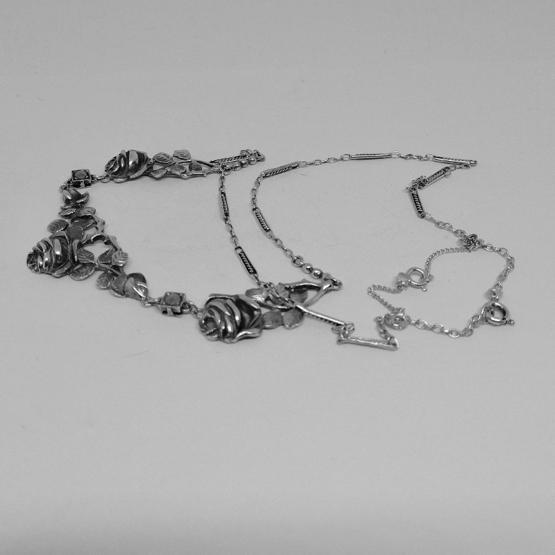 Collier Argent Massif, Avec Motifs De Roses Et Marcasites,  Art Nouveau.-photo-3