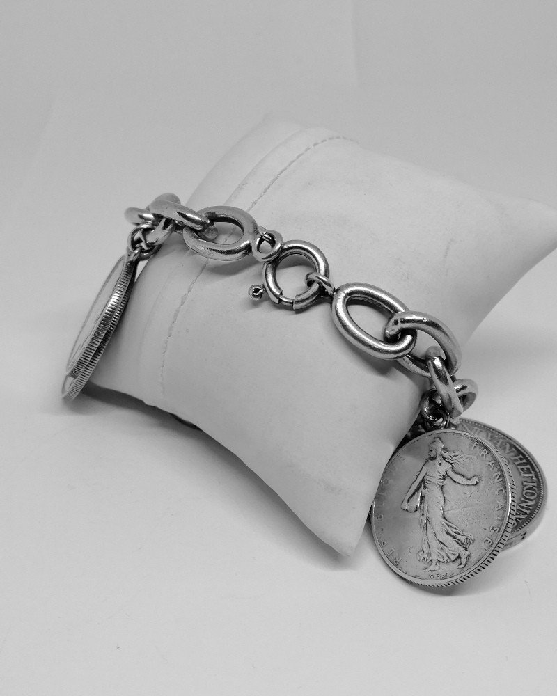 Silver Bracelet, With Large Coins In Charms.-photo-3