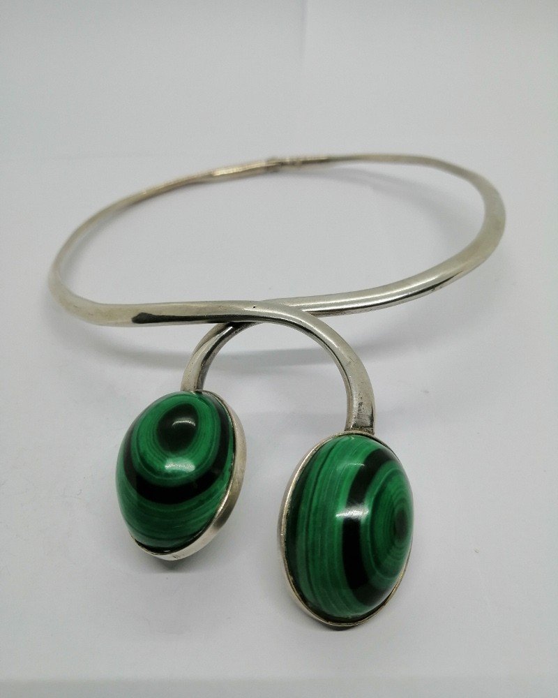 Collier Argent, Vintage, Cerceau Avec Gros Cabochon De Malachite, Français 1960.-photo-2