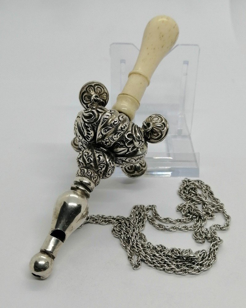 Baby Rattle With Bells And Whistle, Sterling Silver, Bone Handle, And Its Chain.-photo-2