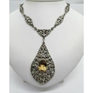 Silver Necklace, Floral Patterns, Faceted Citrine, Italian Work Circa 1900-20.