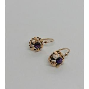 Pair Of Rose Gold Earrings, Faceted Amethyst Center, Circa 1900-20.