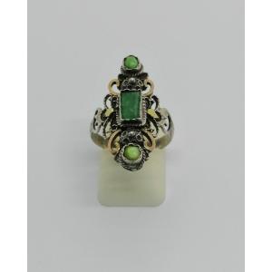 Bague Argent, Bicolore Avec émeraude Et Turquoises, Vers 1860-1880.