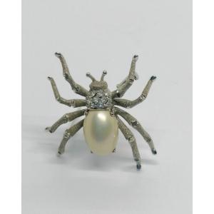 Spider Brooch, With Brushed Work, And Imitation Pearl, And White Rhinestone, Circa 1940-50.