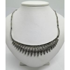 Solid Silver Necklace, Tiara-style Model With Marcasite Paving, Circa 1925-30.