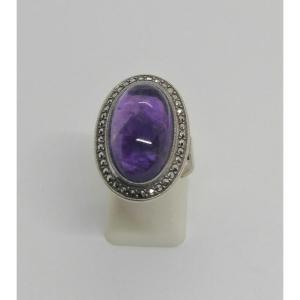 Silver Ring, Large Natural Amethyst Cabochon And Marcasite Surround, 1925, Art Deco.