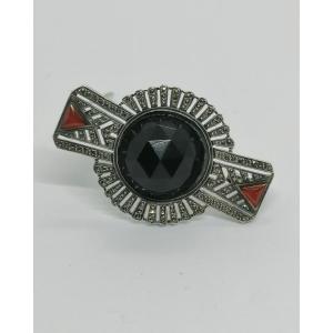 Silver Brooch, Geometric Shape, Openwork, Faceted Glass Cabochon, Marcasite, 1930, Art Deco.