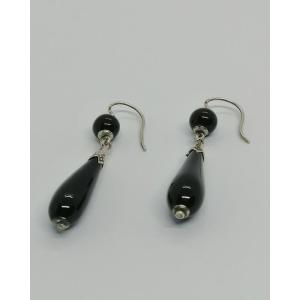 Boucles d'oreilles argent,  pendantes et pampilles en onyx, vers 1880-1900.