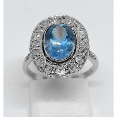 Gold And Platinum Ring With Aquamarine And Diamonds.