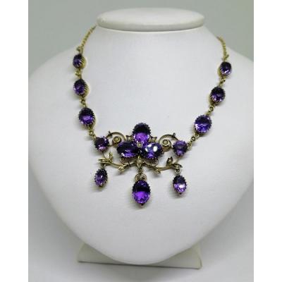 Necklace Silver, Vermeil, With Amethyst Claws Setting And Fine Half-pearls.